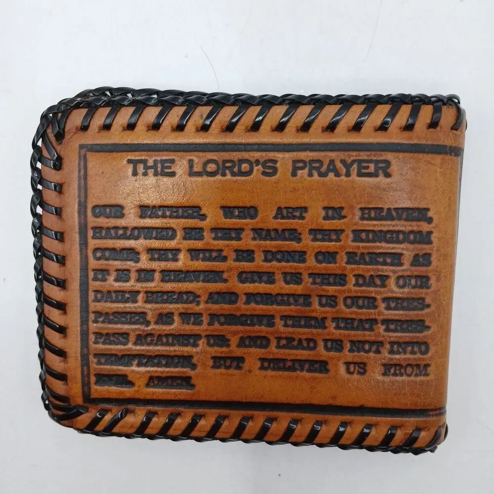 Tooled Leather Bi-Fold Wallet The Lord's Prayer & Praying Hands Laced Western